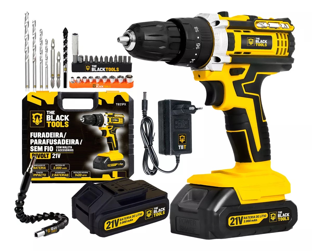 Parafusadeira Furadeira De Impacto The Black Tools Profissional TB-21PX 2 Baterias Com Maleta 60Hz Amarelo