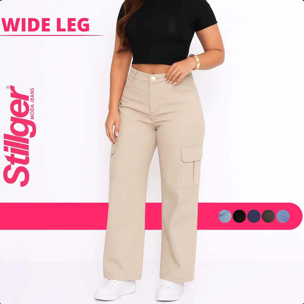 Calça Cargo Feminina Wide Leg Cintura Alta Stillger Jeans