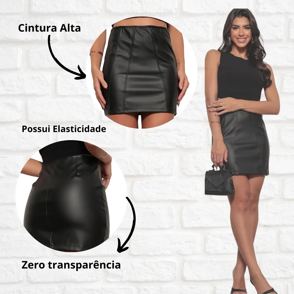 Saia Courino Couro Fake Cintura Alta Zíper Moda Balada